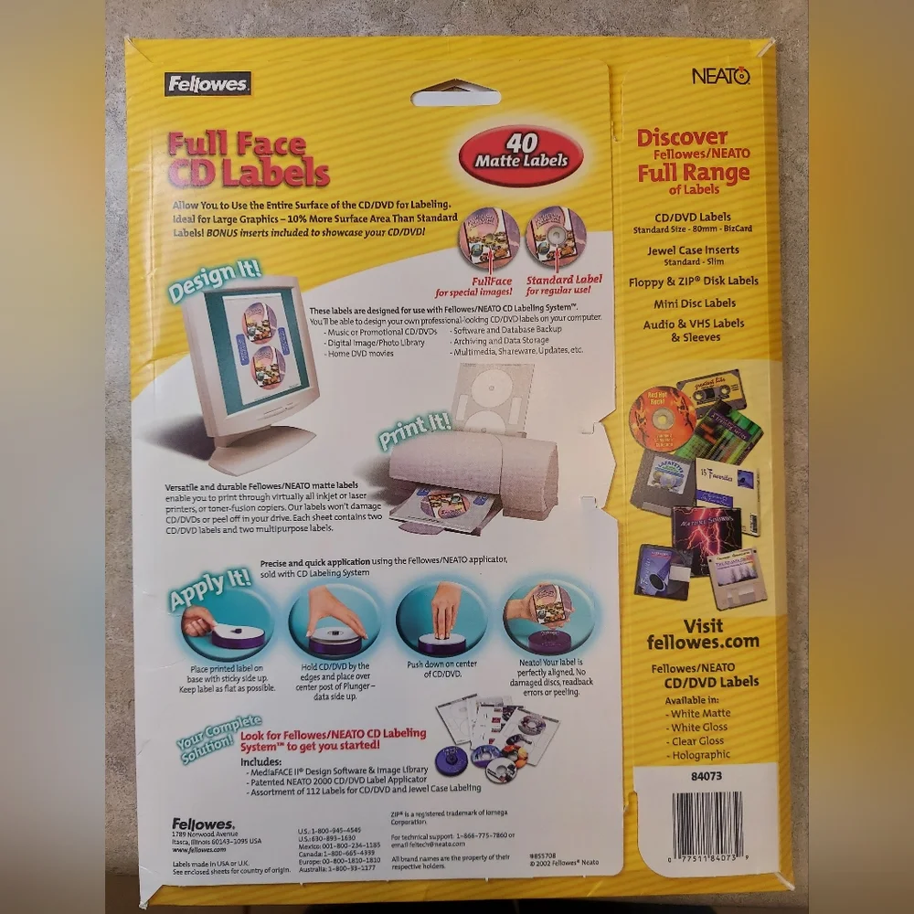 CD Labels - Fellowes 26-pc Full Face Matte with 8 Slim Jewel Case Inserts. 84073